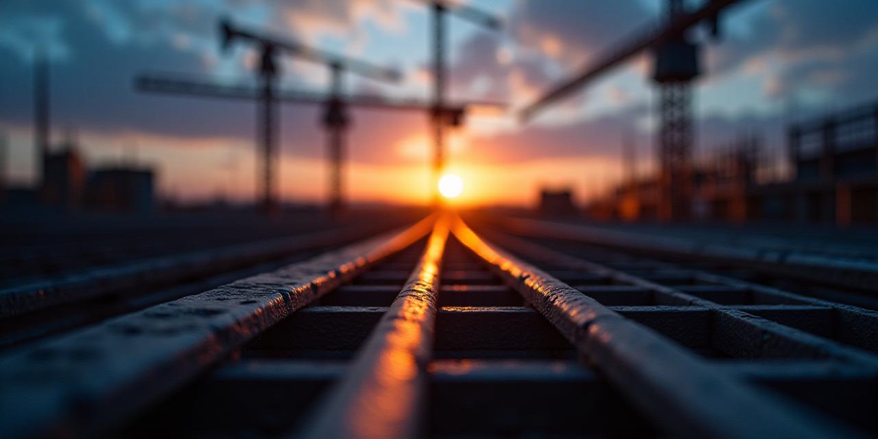 Cantiere edile a Roma con armature in acciaio al tramonto